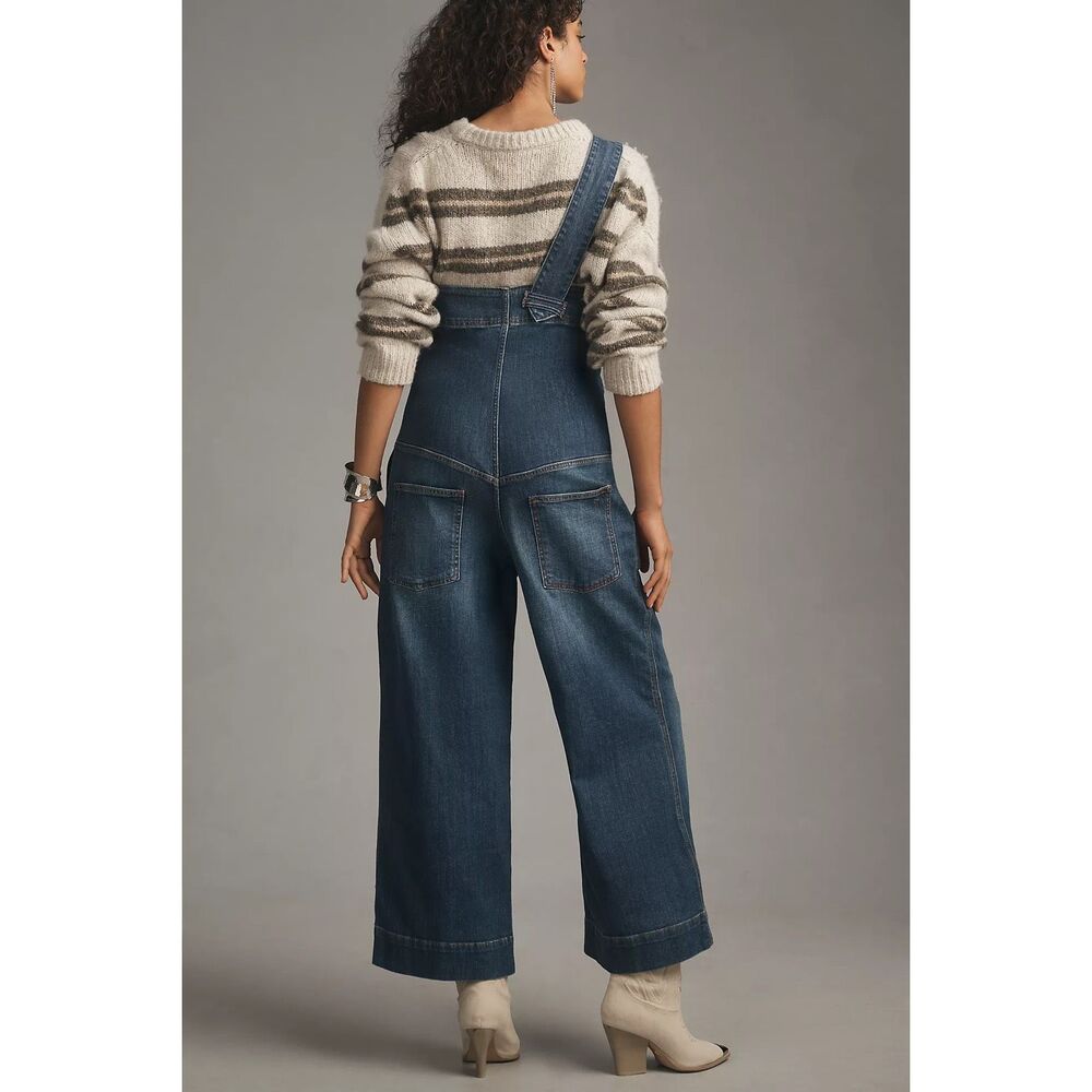 Anthropologie Dark Blue Denim Wide-Leg Asymmetric Overalls Jumpsuit - Picture 3 of 11